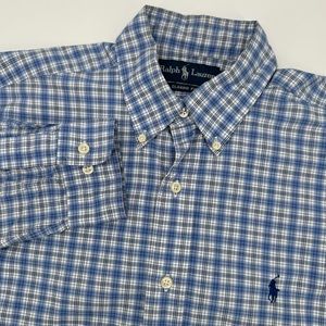 Ralph Lauren Menโs Medium Classic Fit Blue White Plaid Longโ Sleeve Shirt